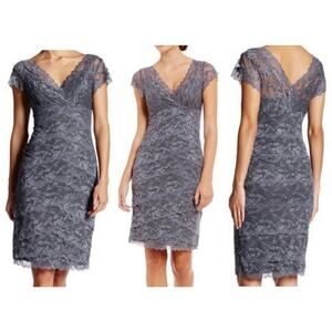Marina Gunmetal Sequin Lace Sheath Dress Women’s 4 V-Neck Cocktail Party